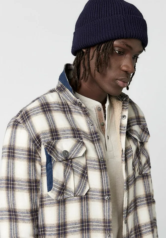 Men Shearling and Plaid Saxul Shacket Tan Buffalo David Bitton Jackets