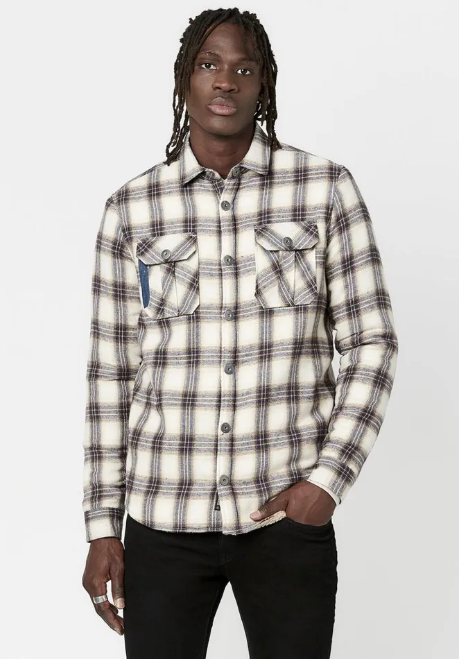 Men Shearling and Plaid Saxul Shacket Tan Buffalo David Bitton Jackets