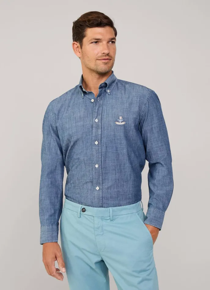 Men Shirts Faonnable Regular Fit Chambray Shirt Medium Stone Wash