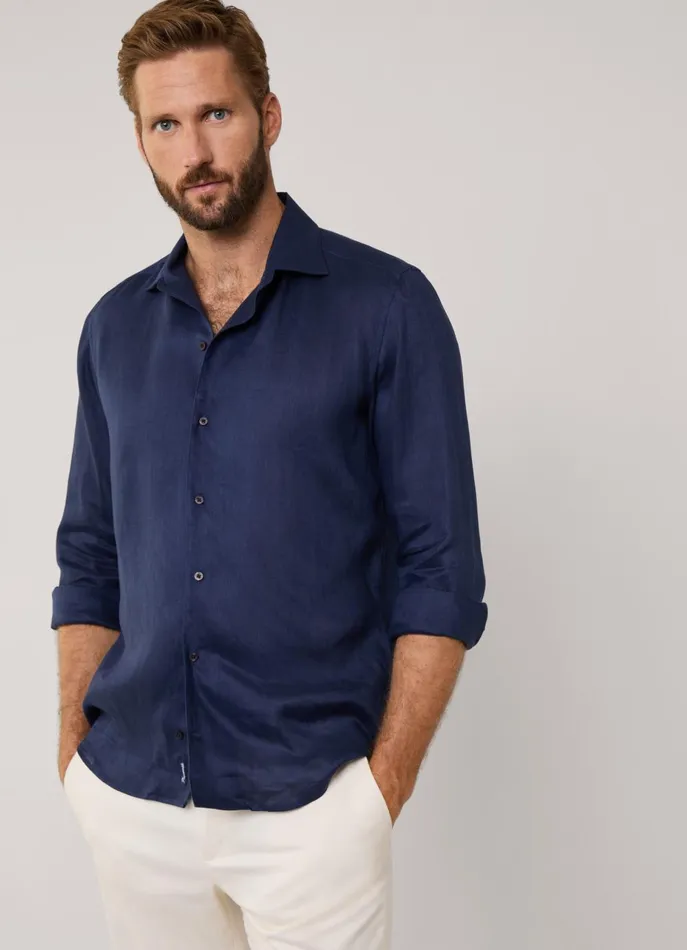 Men Shirts Faonnable Regular Fit Linen Shirt Marine Blue