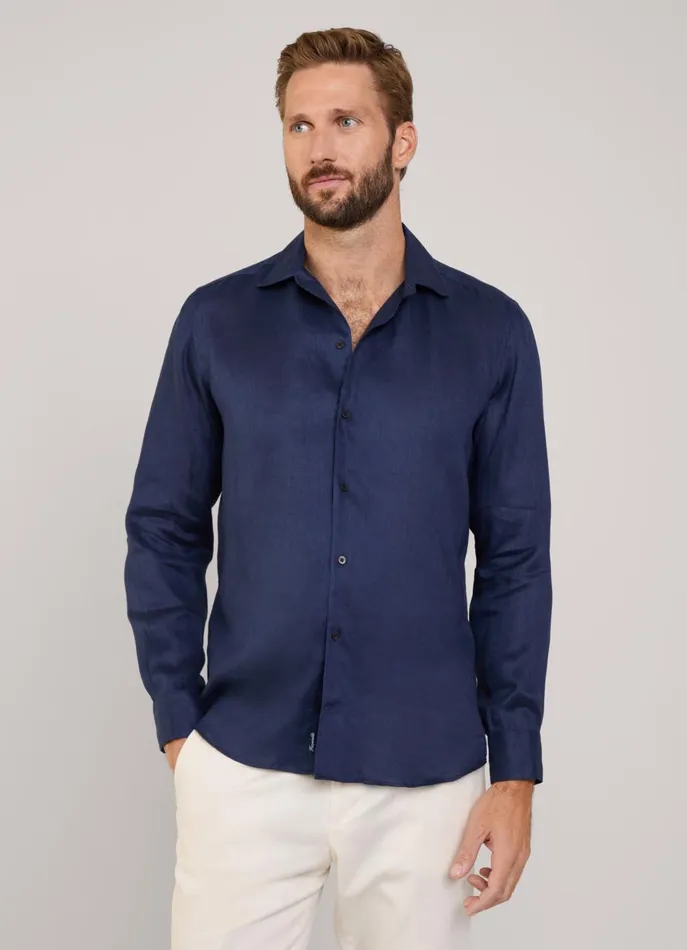 Men Shirts Faonnable Regular Fit Linen Shirt Marine Blue