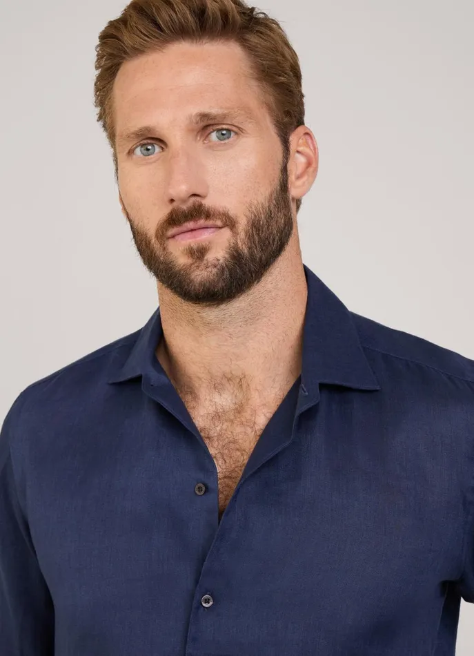 Men Shirts Faonnable Regular Fit Linen Shirt Marine Blue