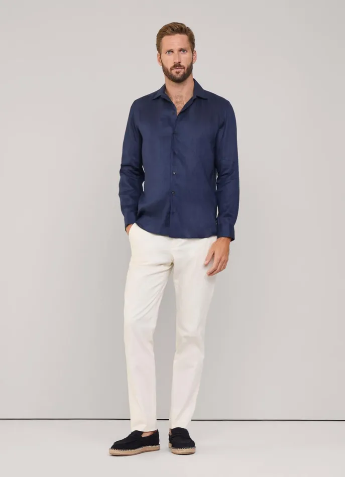 Men Shirts Faonnable Regular Fit Linen Shirt Marine Blue