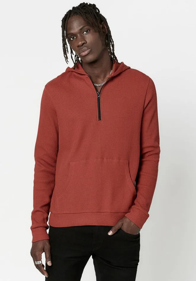 Men WaffleKnit Kagig Hoodie Red Ochre Buffalo David Bitton Sweaters
