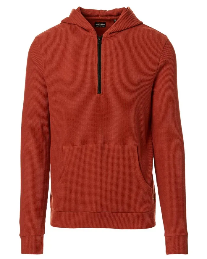 Men WaffleKnit Kagig Hoodie Red Ochre Buffalo David Bitton Sweaters