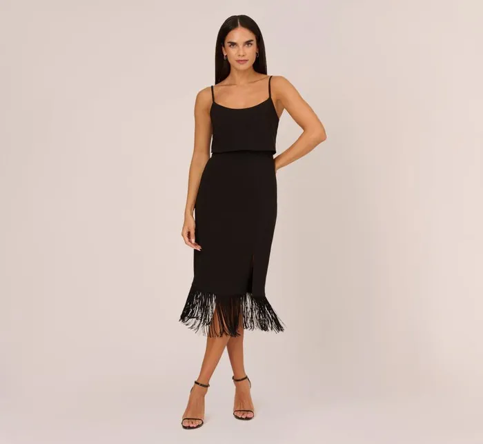 Midi Dresses Womens Adrianna Papell Crepe Popover Midi Dress With Fringe Trim In Black Midi Dresses Womens Adrianna Papell Crepe Popover Midi Dress With Fringe Trim In Black