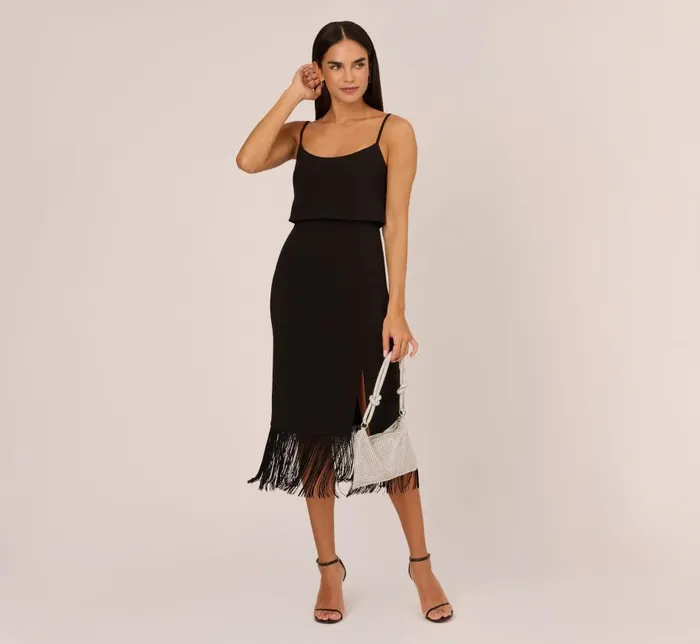 Midi Dresses Womens Adrianna Papell Crepe Popover Midi Dress With Fringe Trim In Black