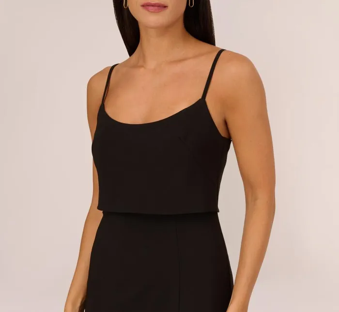 Midi Dresses Womens Adrianna Papell Crepe Popover Midi Dress With Fringe Trim In Black