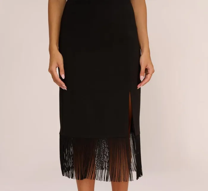 Midi Dresses Womens Adrianna Papell Crepe Popover Midi Dress With Fringe Trim In Black