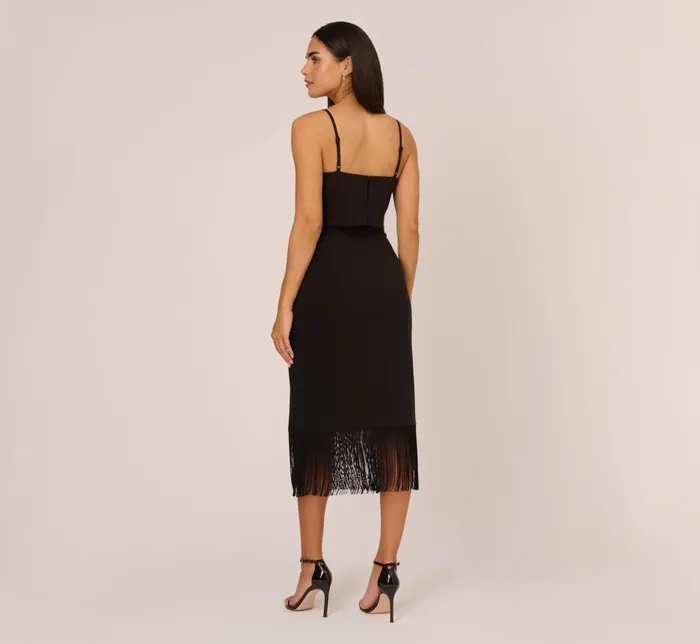 Midi Dresses Womens Adrianna Papell Crepe Popover Midi Dress With Fringe Trim In Black