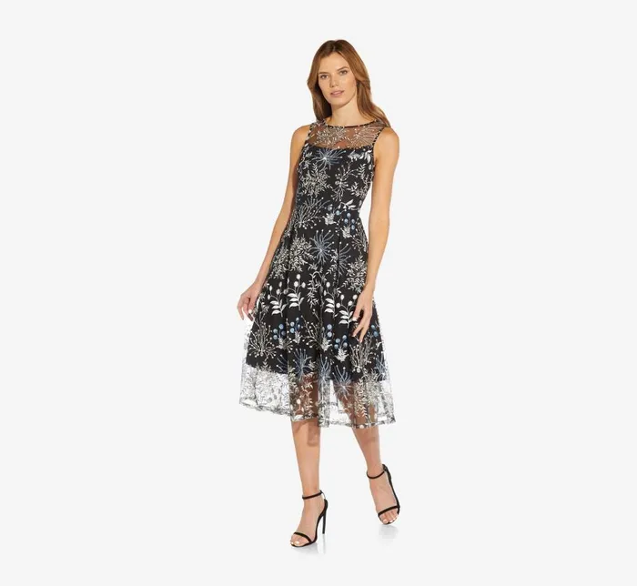Midi Dresses Womens Adrianna Papell Embroidered Midi Length Sleeveless Knit Fit And Flare Dress In Blue Multi
