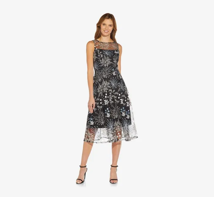 Midi Dresses Womens Adrianna Papell Embroidered Midi Length Sleeveless Knit Fit And Flare Dress In Blue Multi