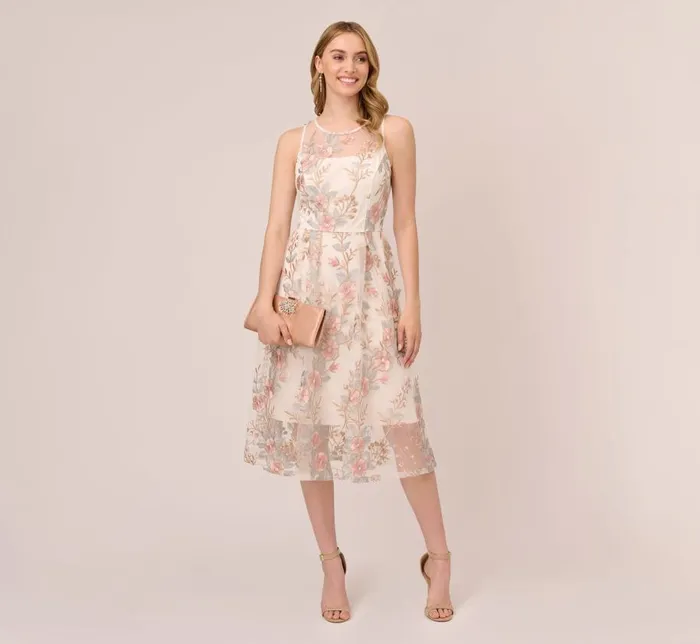 Midi Dresses Womens Adrianna Papell Floral Embroidered Flared Dress In Pink Multi
