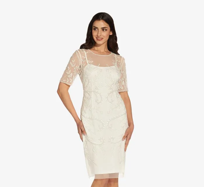 Midi Dresses Womens Adrianna Papell HandedBeaded Illusion MidiLength Sheath Cocktail Dress In Ivory Midi Dresses Womens Adrianna Papell HandedBeaded Illusion MidiLength Sheath Cocktail Dress In Ivory