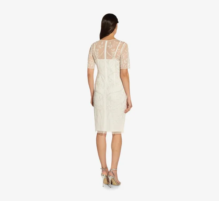 Midi Dresses Womens Adrianna Papell HandedBeaded Illusion MidiLength Sheath Cocktail Dress In Ivory