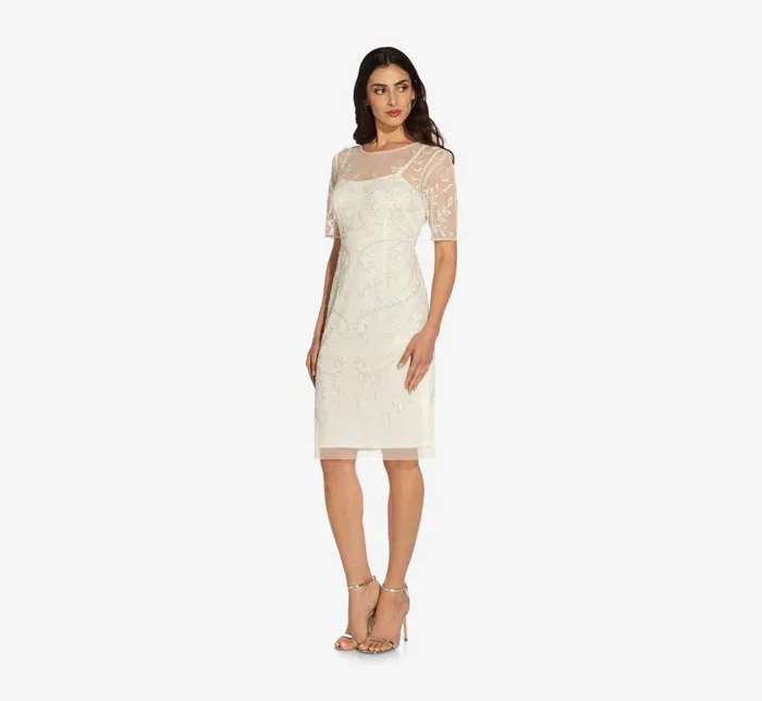 Midi Dresses Womens Adrianna Papell HandedBeaded Illusion MidiLength Sheath Cocktail Dress In Ivory