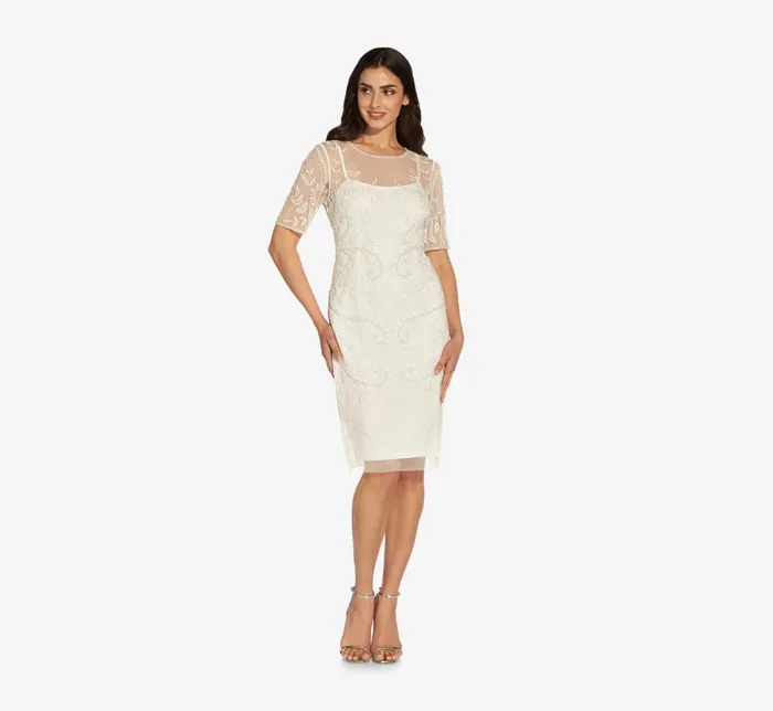 Midi Dresses Womens Adrianna Papell HandedBeaded Illusion MidiLength Sheath Cocktail Dress In Ivory