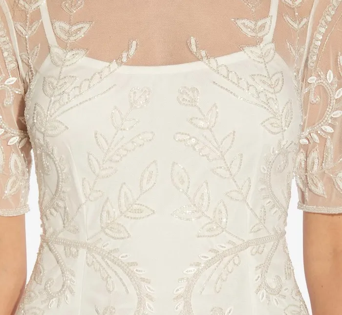 Midi Dresses Womens Adrianna Papell HandedBeaded Illusion MidiLength Sheath Cocktail Dress In Ivory