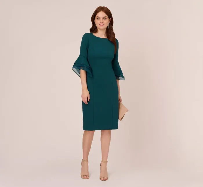 Midi Dresses Womens Adrianna Papell Knit Crepe Sheath Dress With Tiered Three Quarter Sleeves In Hunter
