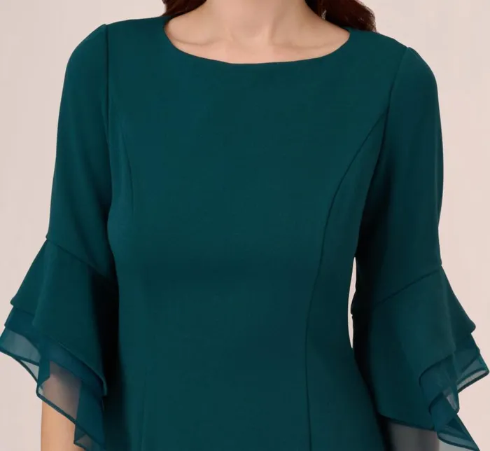 Midi Dresses Womens Adrianna Papell Knit Crepe Sheath Dress With Tiered Three Quarter Sleeves In Hunter