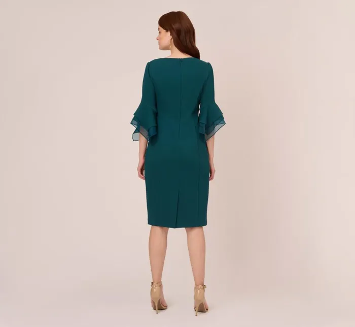 Midi Dresses Womens Adrianna Papell Knit Crepe Sheath Dress With Tiered Three Quarter Sleeves In Hunter
