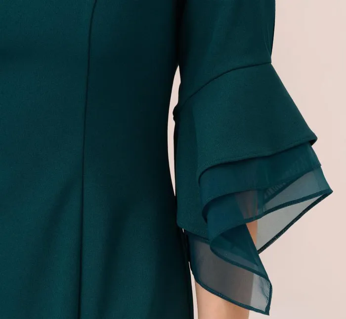 Midi Dresses Womens Adrianna Papell Knit Crepe Sheath Dress With Tiered Three Quarter Sleeves In Hunter