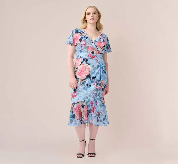 Midi Dresses Womens Adrianna Papell Plus Size Floral Faux Wrap Dress In Blue Multi Midi Dresses Womens Adrianna Papell Plus Size Floral Faux Wrap Dress In Blue Multi