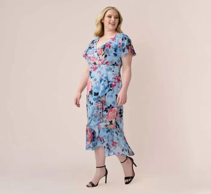 Midi Dresses Womens Adrianna Papell Plus Size Floral Faux Wrap Dress In Blue Multi