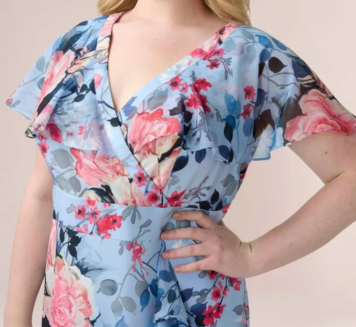 Midi Dresses Womens Adrianna Papell Plus Size Floral Faux Wrap Dress In Blue Multi