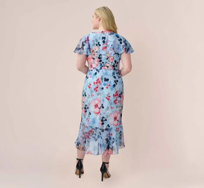 Midi Dresses Womens Adrianna Papell Plus Size Floral Faux Wrap Dress In Blue Multi