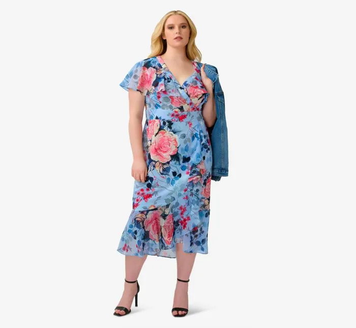 Midi Dresses Womens Adrianna Papell Plus Size Floral Faux Wrap Dress In Blue Multi