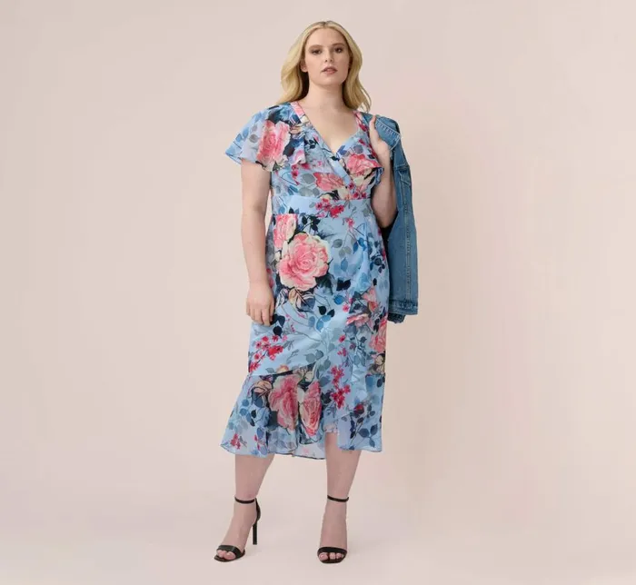 Midi Dresses Womens Adrianna Papell Plus Size Floral Faux Wrap Dress In Blue Multi