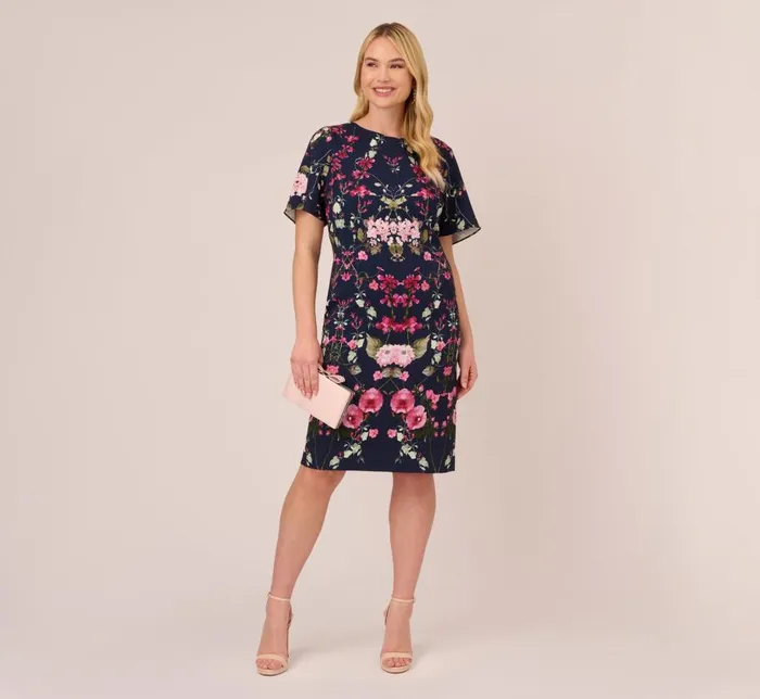 Midi Dresses Womens Adrianna Papell Plus Size FloralPrint Crepe MidiLength Sheath Dress In Navy Multi
