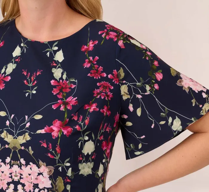 Midi Dresses Womens Adrianna Papell Plus Size FloralPrint Crepe MidiLength Sheath Dress In Navy Multi