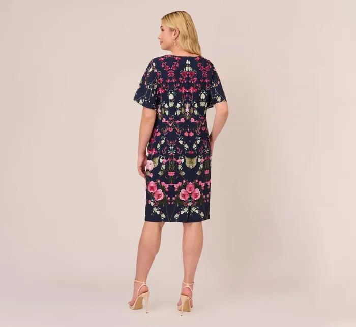 Midi Dresses Womens Adrianna Papell Plus Size FloralPrint Crepe MidiLength Sheath Dress In Navy Multi