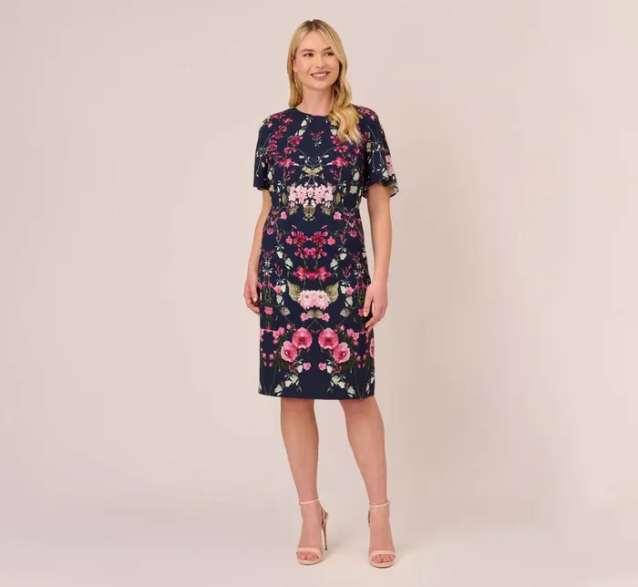 Midi Dresses Womens Adrianna Papell Plus Size FloralPrint Crepe MidiLength Sheath Dress In Navy Multi
