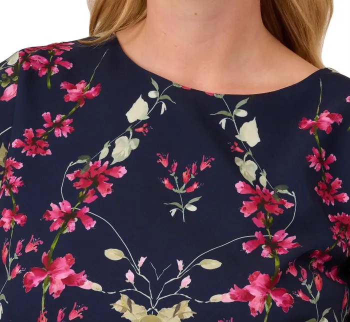Midi Dresses Womens Adrianna Papell Plus Size FloralPrint Crepe MidiLength Sheath Dress In Navy Multi