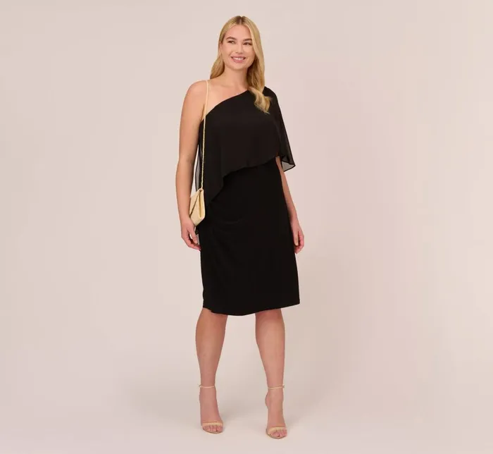 Midi Dresses Womens Adrianna Papell Plus Size One Shoulder Dress With Chiffon Cape In Black
