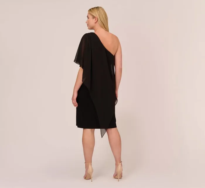 Midi Dresses Womens Adrianna Papell Plus Size One Shoulder Dress With Chiffon Cape In Black