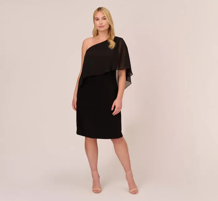 Midi Dresses Womens Adrianna Papell Plus Size One Shoulder Dress With Chiffon Cape In Black