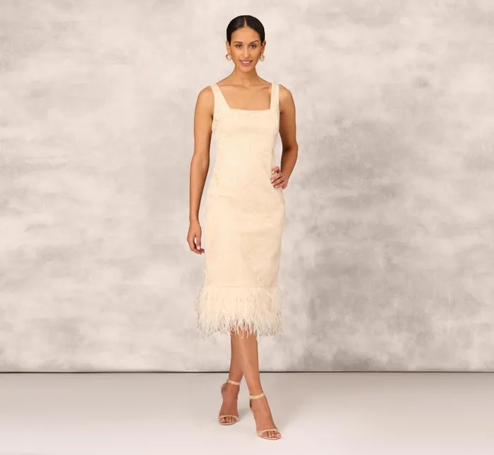 Midi Dresses Womens Adrianna Papell Sequined And Embroidered MidiLength Sheath Cocktail Dress With Feather Trim In Champagne Midi Dresses Womens Adrianna Papell Sequined And Embroidered MidiLength Sheath Cocktail Dress With Feather Trim In Champagne