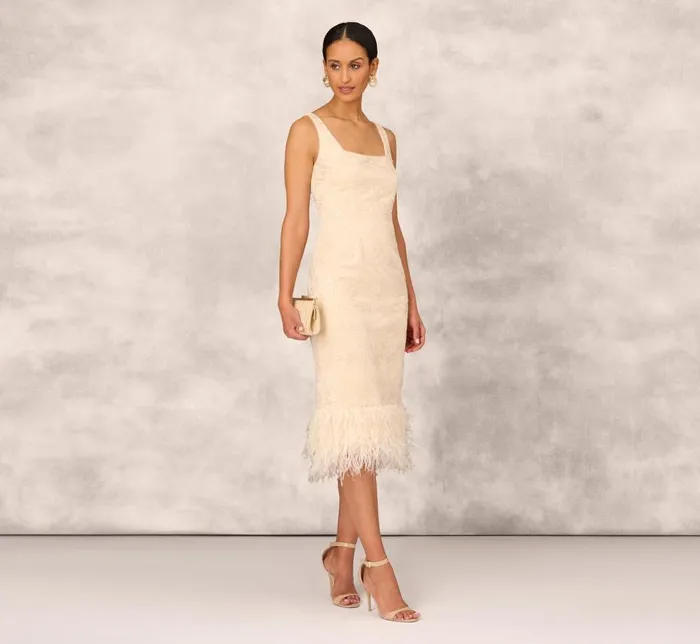 Midi Dresses Womens Adrianna Papell Sequined And Embroidered MidiLength Sheath Cocktail Dress With Feather Trim In Champagne