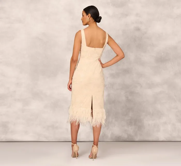 Midi Dresses Womens Adrianna Papell Sequined And Embroidered MidiLength Sheath Cocktail Dress With Feather Trim In Champagne
