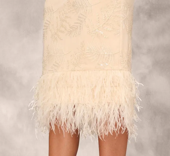 Midi Dresses Womens Adrianna Papell Sequined And Embroidered MidiLength Sheath Cocktail Dress With Feather Trim In Champagne
