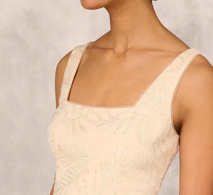 Midi Dresses Womens Adrianna Papell Sequined And Embroidered MidiLength Sheath Cocktail Dress With Feather Trim In Champagne