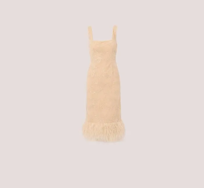 Midi Dresses Womens Adrianna Papell Sequined And Embroidered MidiLength Sheath Cocktail Dress With Feather Trim In Champagne