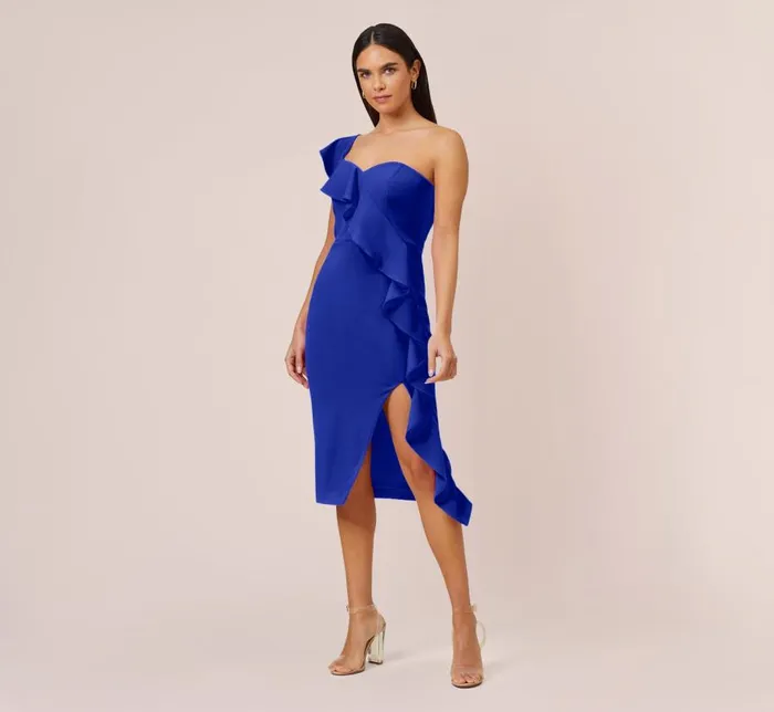 Midi Dresses Womens Adrianna Papell Stretch Crepe Strapless MidiLength Sheath Cocktail Dress With Ruffle In Royal Sapphire Midi Dresses Womens Adrianna Papell Stretch Crepe Strapless MidiLength Sheath Cocktail Dress With Ruffle In Royal Sapphire