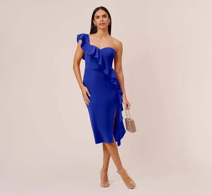 Midi Dresses Womens Adrianna Papell Stretch Crepe Strapless MidiLength Sheath Cocktail Dress With Ruffle In Royal Sapphire