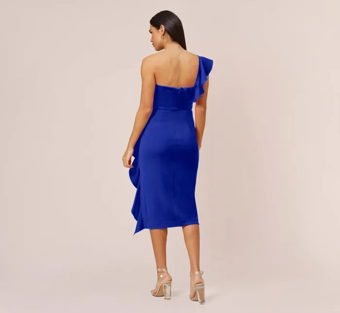 Midi Dresses Womens Adrianna Papell Stretch Crepe Strapless MidiLength Sheath Cocktail Dress With Ruffle In Royal Sapphire