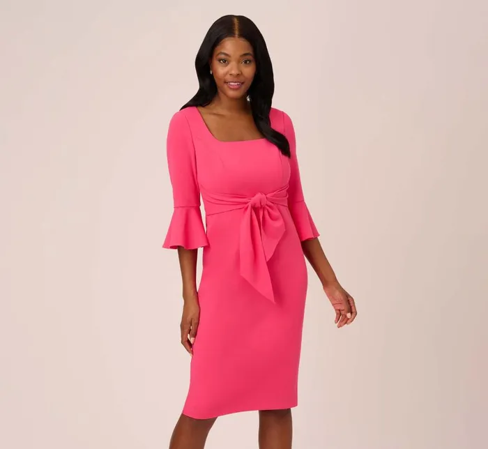 Midi Dresses Womens Adrianna Papell Stretch Knit Crepe TieFront MidiLength Sheath Dress In Camellia Midi Dresses Womens Adrianna Papell Stretch Knit Crepe TieFront MidiLength Sheath Dress In Camellia